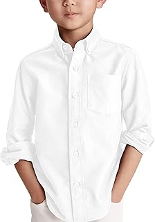 Boys' Long Sleeve Dress Shirts Classic Collared Button-Down Tshirt Solid Cotton Top with Chest Pocket