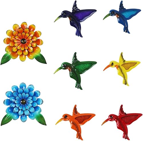 dreamskip 8 PCS Metal Hummingbird Flower Wall Art Garden Decor, 6“ Birds Sunflow