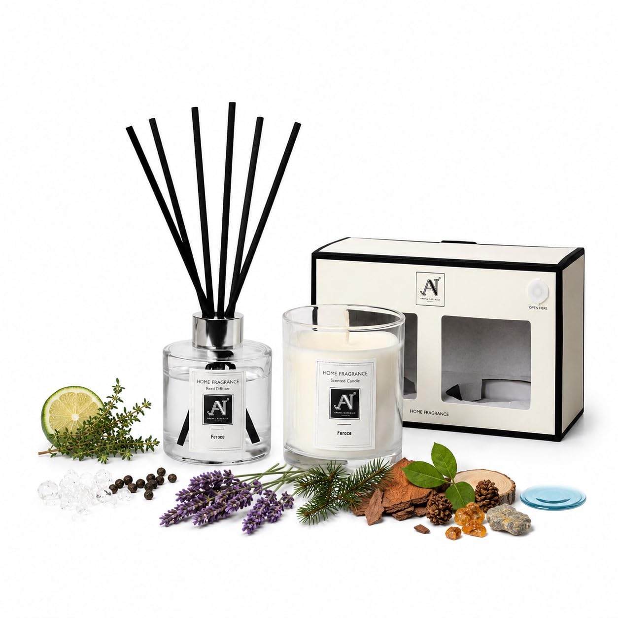 Aroma Naturals Scented Gift Box Candle and Reed Diffuser, Glass Jar Minimalist Luxe 206G, Metal Lid with Ribbon, 100ML Glass Diffuser Vessel with Metal Collar (Feroce)