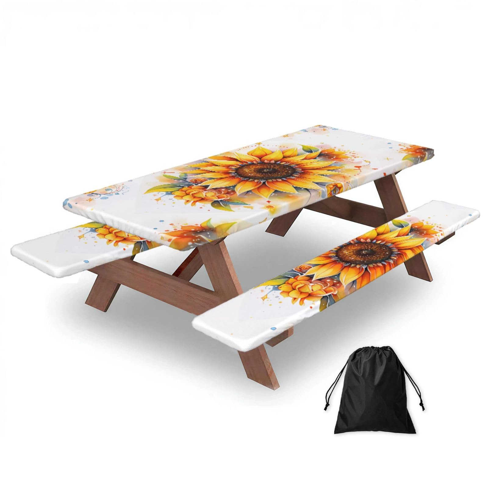 Erwqavc Black Yellow Sunflower In Oil Print Picnic Table Cover & Bench Covers 3-Pack Set, Elastic Tablecloths For 6 Ft Rectangle Tables