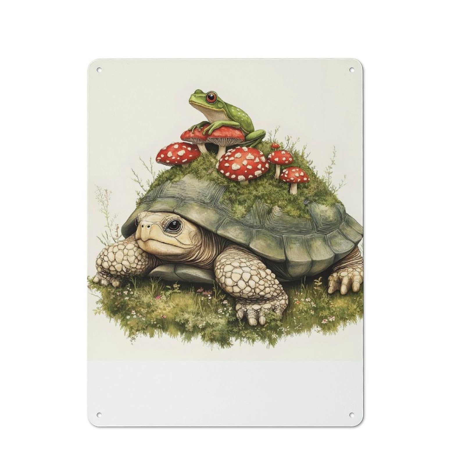 Turtle And Frog with Mushrooms Vintage Metal Wall Decor 40x30cm, Vintage Tin Sign for Bakery, Diner, Cafe Or Family Room