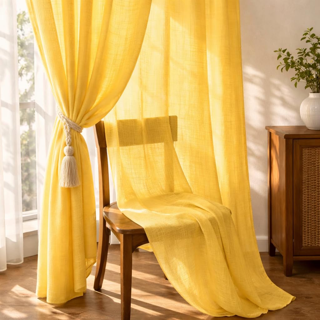 THE LINEN COMPANY Cotton Linen Solid Sheer Door Curtains – Rod Pocket Transparent Drapes, Light Filtering Privacy Curtains for Home Door & Balcony, Lemon, 7.5 Feet, Pack of 2
