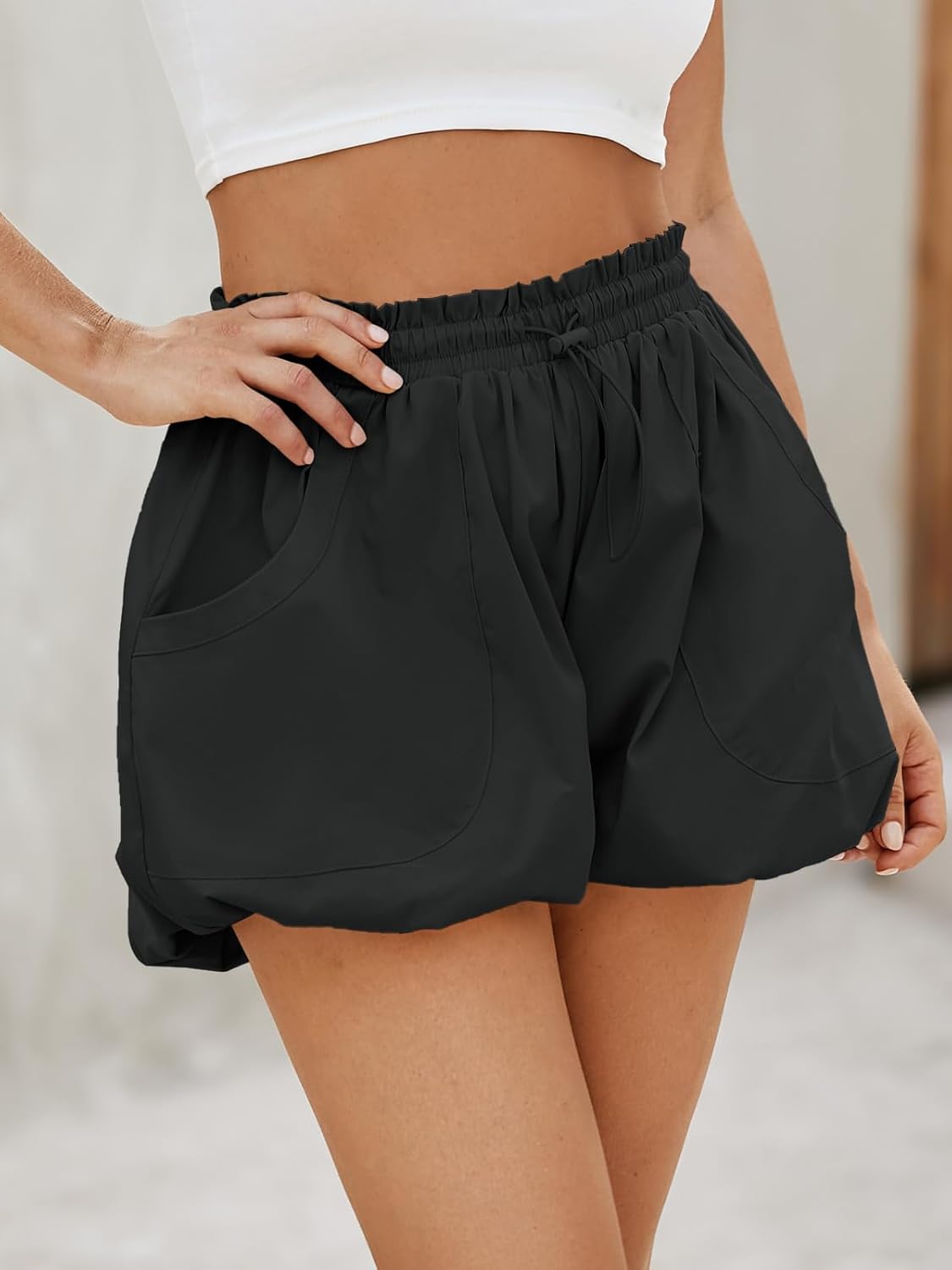 Fisoew Womens Summer Bubble Shorts Casual High Waisted Workout Puffy Shorts with Pockets Black