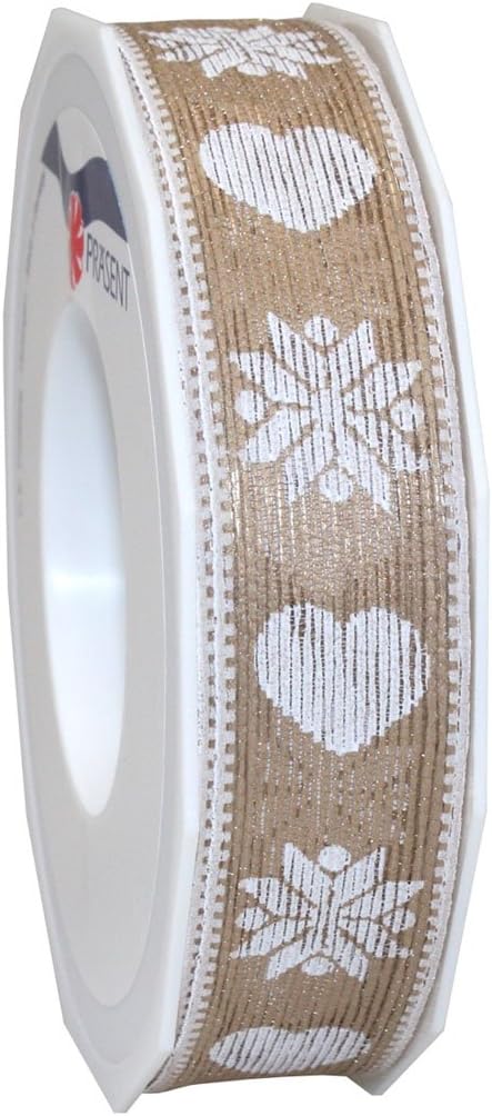 Morex Ribbon 65525/15-600 Polyester Wired Homespun Heart Ribbon, 1-Inch by 16-1/2-Yard, White/Taupe