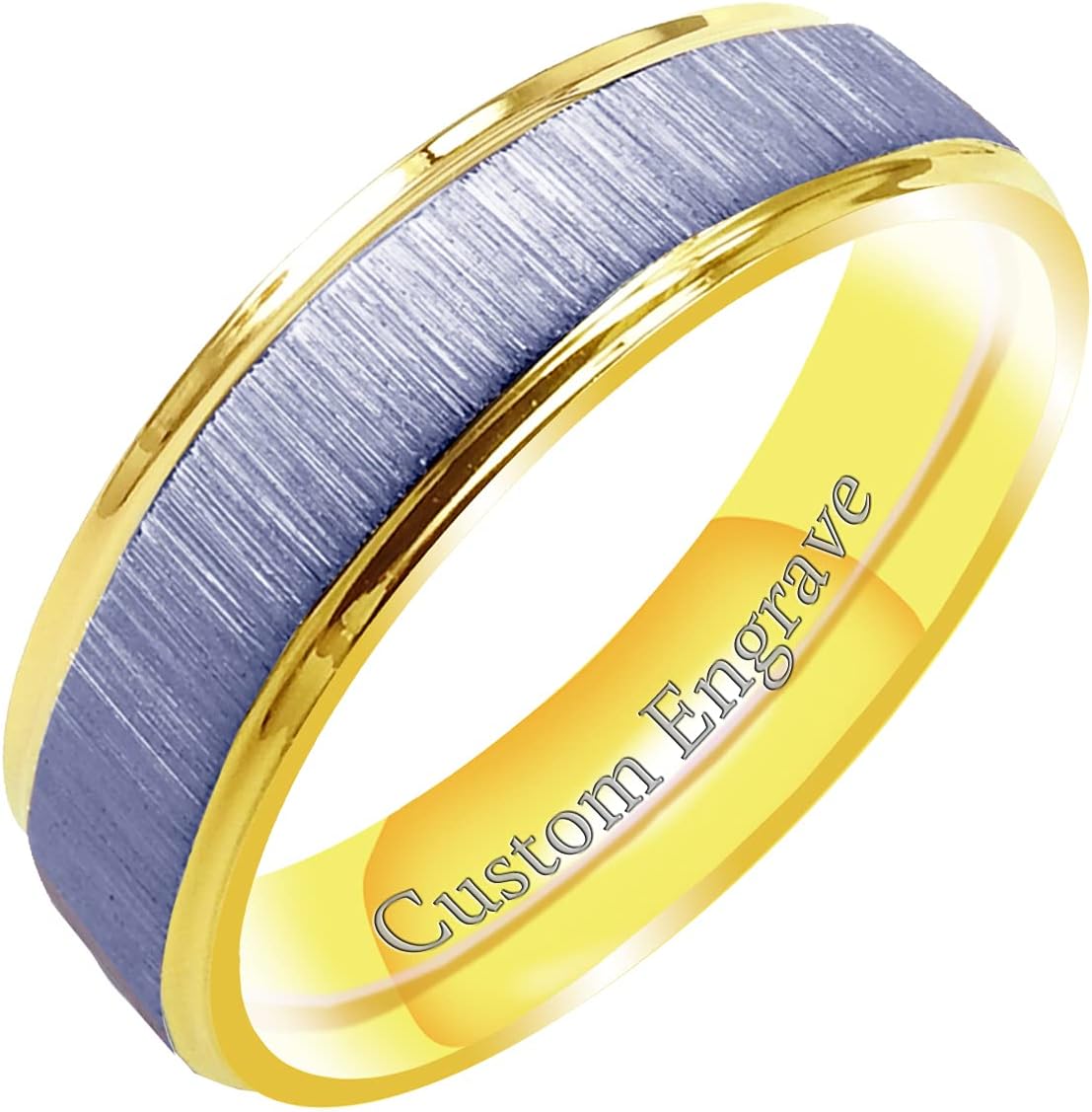 Everstone Custom Personalize Engrave Matte & Brushed 18K Yellow Gold Color Flat Ring Men Women His Her Groom Bride Promise Ring Wedding Bands Titanium Ring Color: Yellow Gold & Platinum Sz