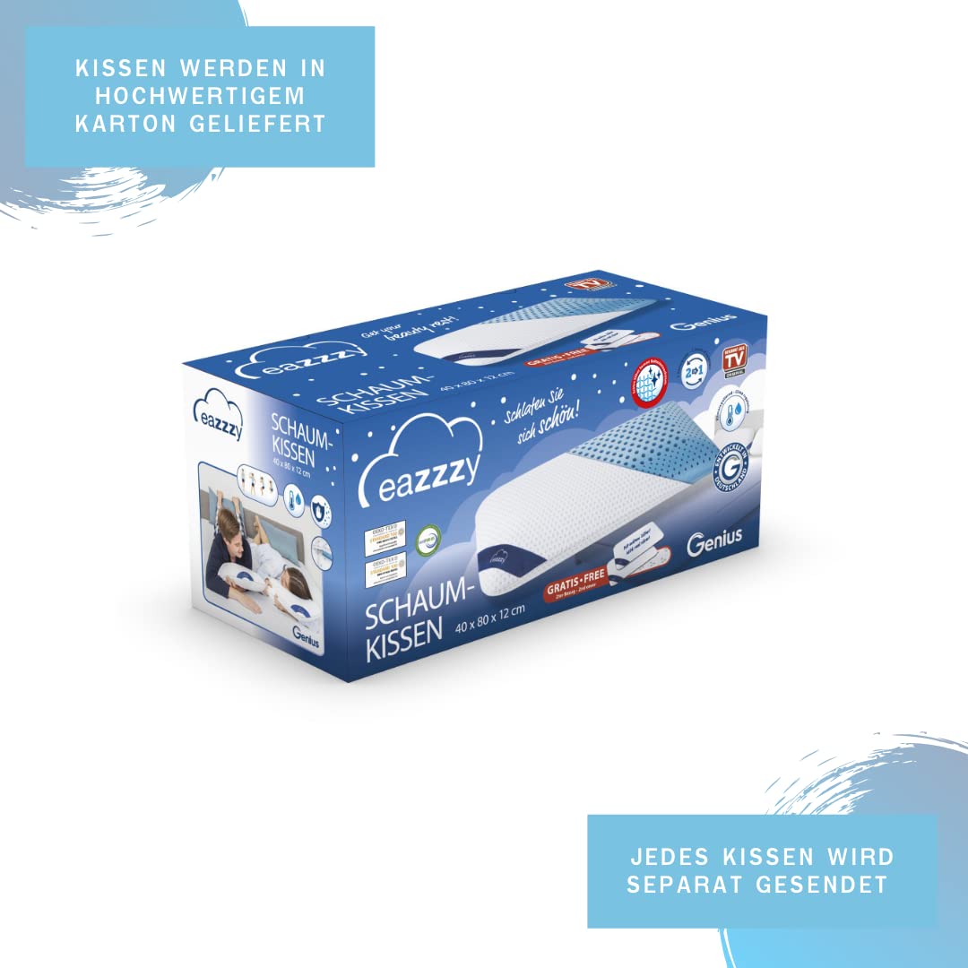 Genius eazzzy Schaumkissen 40x80 cm Höhe 10cm - Nackenstützkissen mit 2 Härtegraden + kühlender Gelschaum - Schlafkissen für Seiten- Rücken- & Bauchschläfer | im Doppelpack