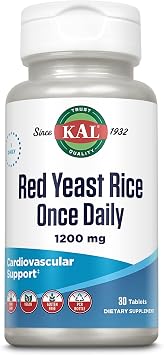 KAL Red Yeast Rice Once Daily 1200mg, Cardiovascular Support* Supplement with Naturally Occurring Unsaturated Fatty Acids, Amino Acids & Phytonutrients, Vegan, Gluten Free, 30 Servings, 30 Tablets