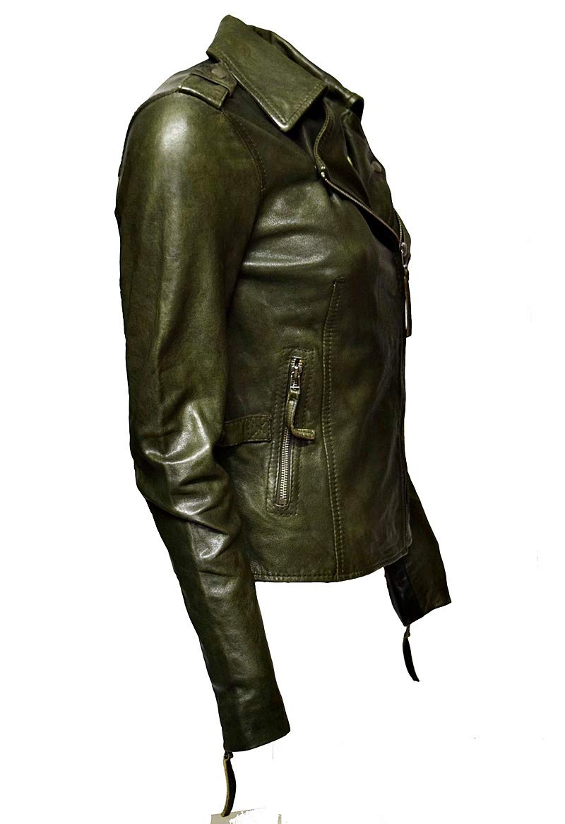 Damen Biker Lederjacke Amalia Lammnappa Braun Grün Khaki Whisky