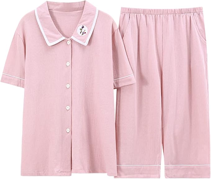Womens Pajamas, Soft Cotton Set Short Sleeve Sleepwear Casual PJs Set