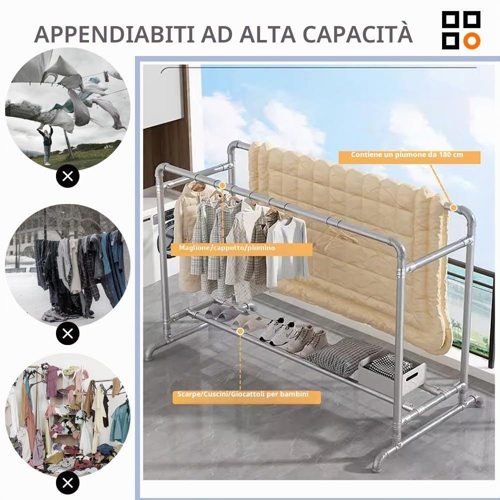 Appendiabiti con Ganci Antivento, Stand Appendiabiti in Metallo, Appendiabiti a Doppia Barra, capacità di Carico 400 kg, per Corridoio All'aperto L:1.6/2M