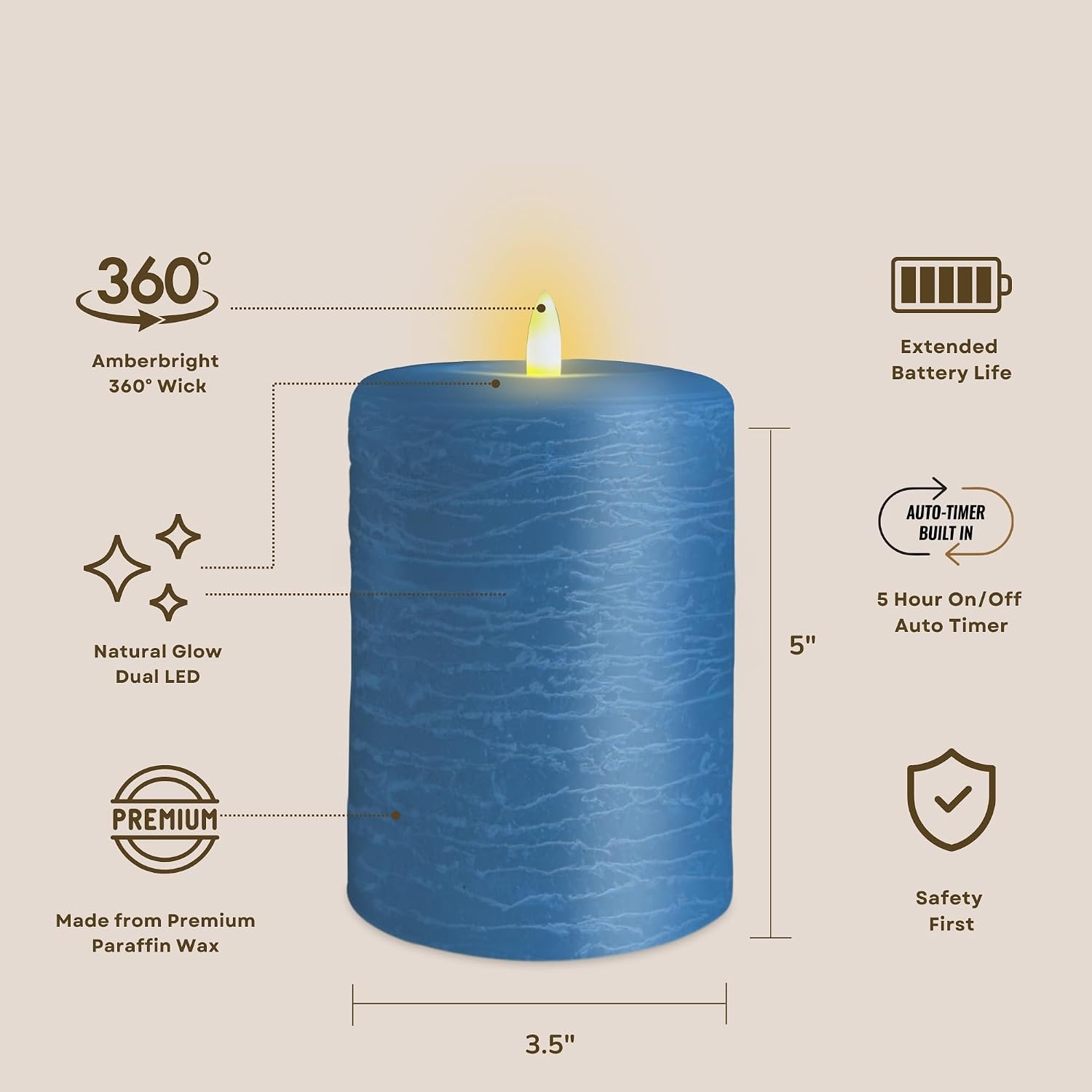 LumiPur Signature Coastal Collection Natural Glow Flickering Flameless LED Wax Pillar Candle (3.5" x 5", Steel Blue)