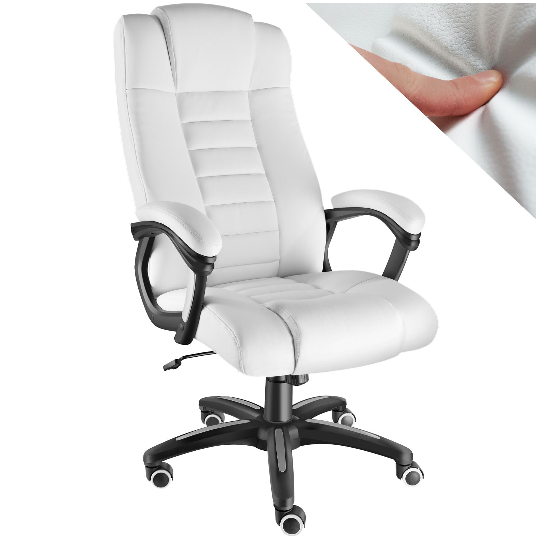 tectake® Sedia Ufficio, Imbottitura 12 cm, Sedia scrivania con Poggiatesta e Braccioli, Base con Rotelle, Sedia ergonomica con altezza regolabile, Inclinazione Continua, Poltrona Ufficio - Bianco