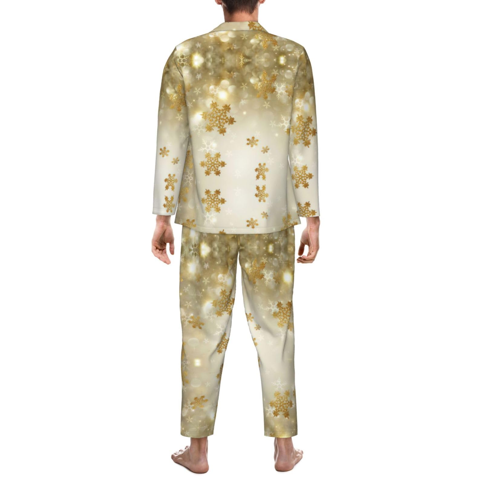 Weihnachtspyjama-Set für Herren, aus Seide, langärmelig, Hemd und Hose, 2-teilig, goldfarben