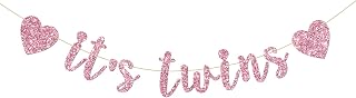 It's Twins Banner for Girls, Baby Shower Gender Reveal Party for Babies, Twin Girls 1st Birthday Party Decorations Supplies, Pink Glitter