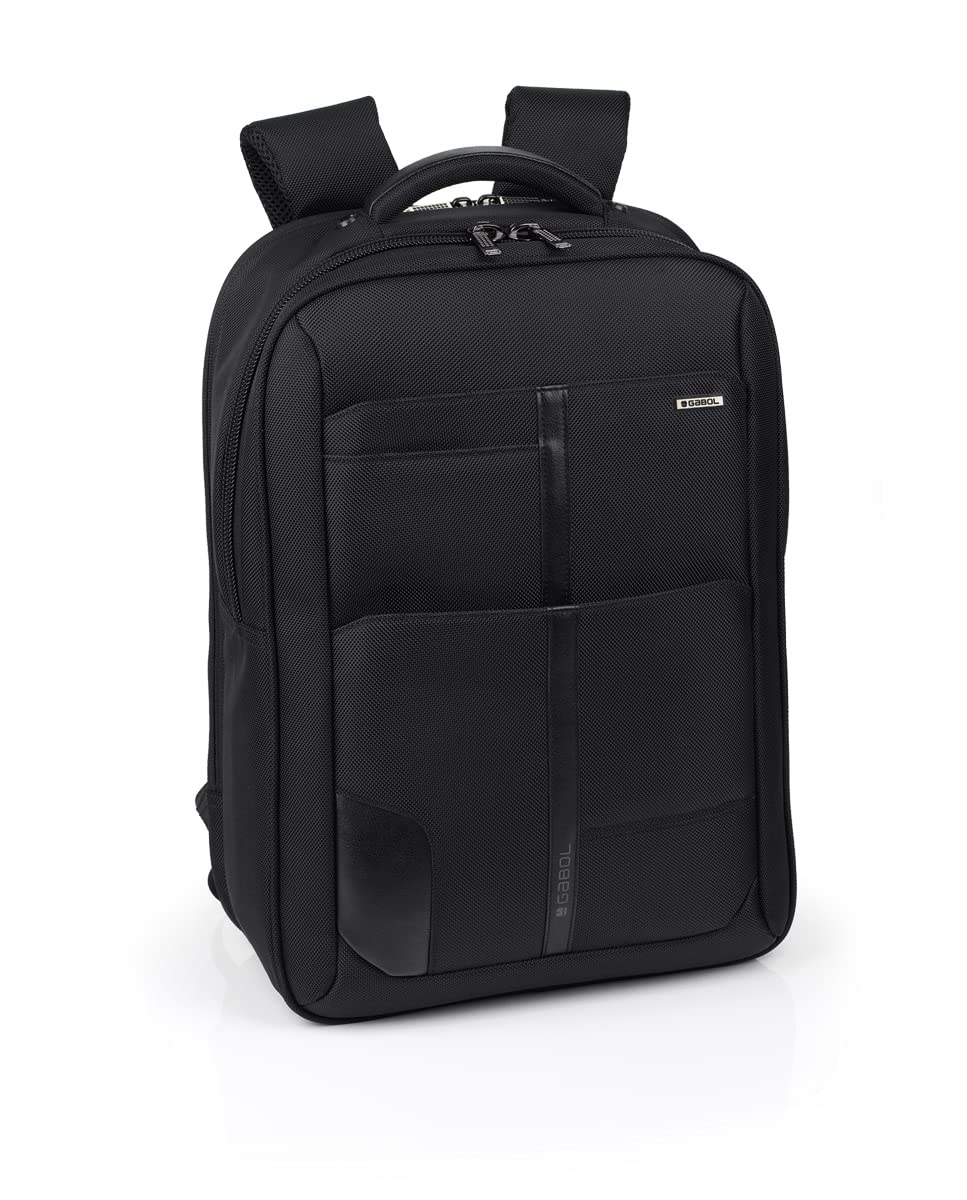 Gabol - Mochila Acolchada para Portátil 15,6" Stark 31x43x13 cm - 2 Compartimentos, Cinturón Ajustable al Pecho y Acople a Maleta - Diseño Español en Poliéster y Piel Sintética - Negro