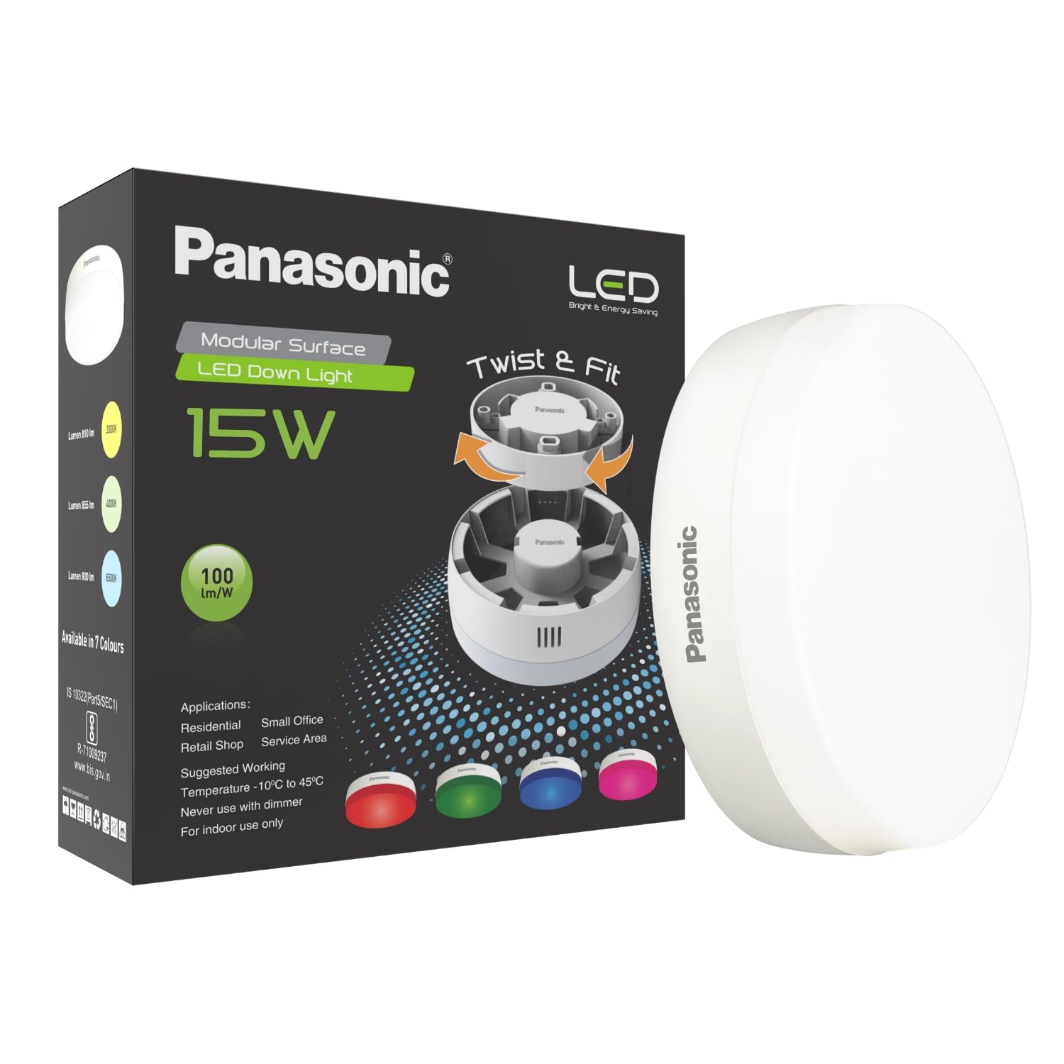 Panasonic 15W LED Modular Surface Light, 15W Twist & Fit Round LED Downlight for Bedroom, 4500K Natural Day Surface Light-image-29