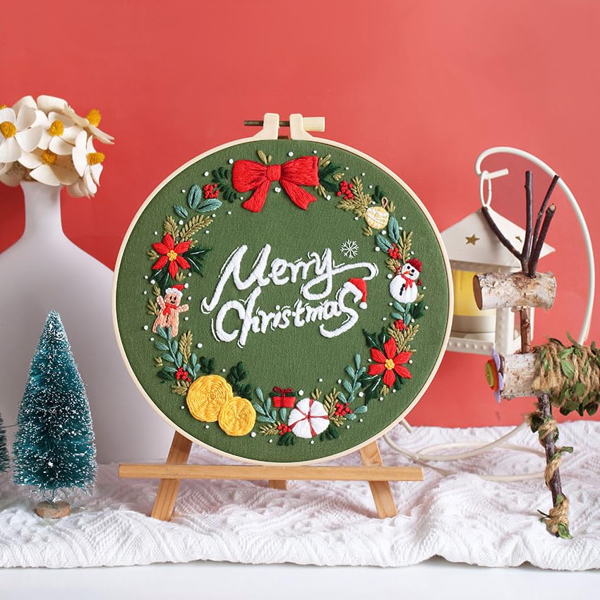 Image of Konrisa Embroidery Kits Merry Christmas Pattern Embroidery Starter Kits for Adults Beginner DIY Sewing Needlepoint Cross Stitch Practice Kit Christmas Home Decoration Handmade Gifts