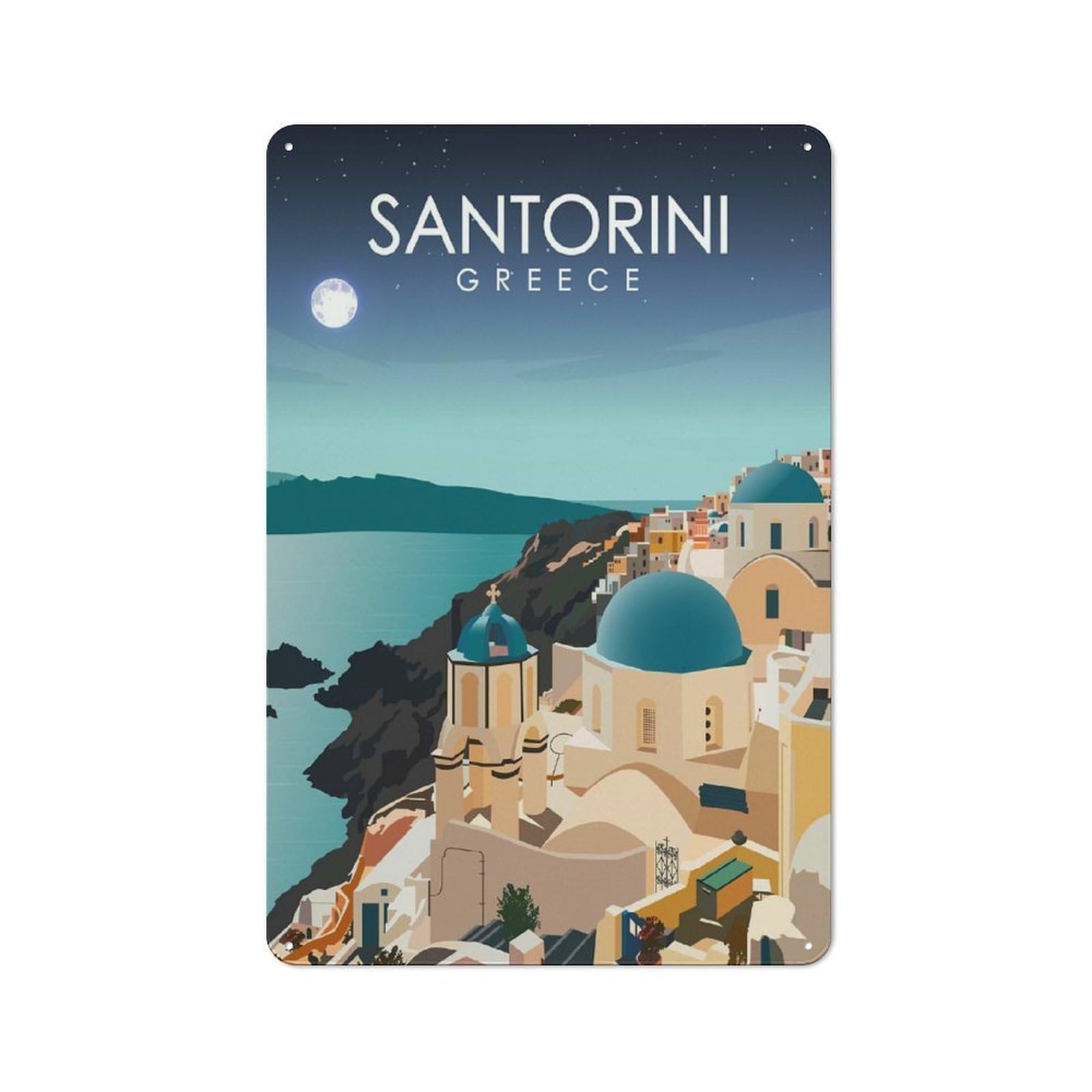 Junmoney Style-3 Santorini Greece At Night Printed Metal Sign 30X20cm For Workshop Wall, Suited To Metal Sign Collectors, For Retro Home Interiors