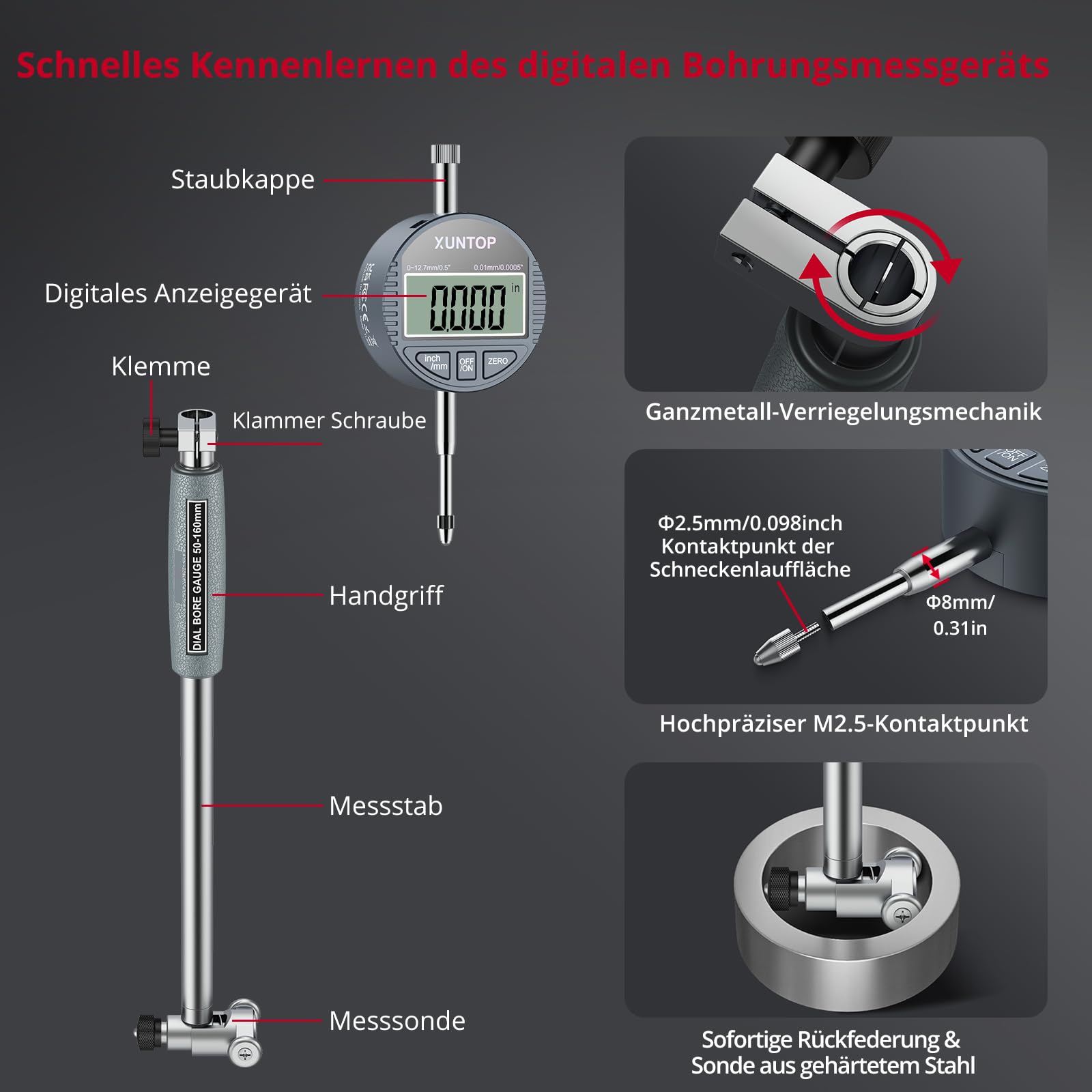 XUNTOP Digitales Bohrungsmessgerät Messuhr Set digitales mechanisches messuhr Messgerät für Innendurchmesser 50-160 mm (2-6 Zoll) Hohe Präzision Innenmessgerät zur Messung des Innendurchmessers