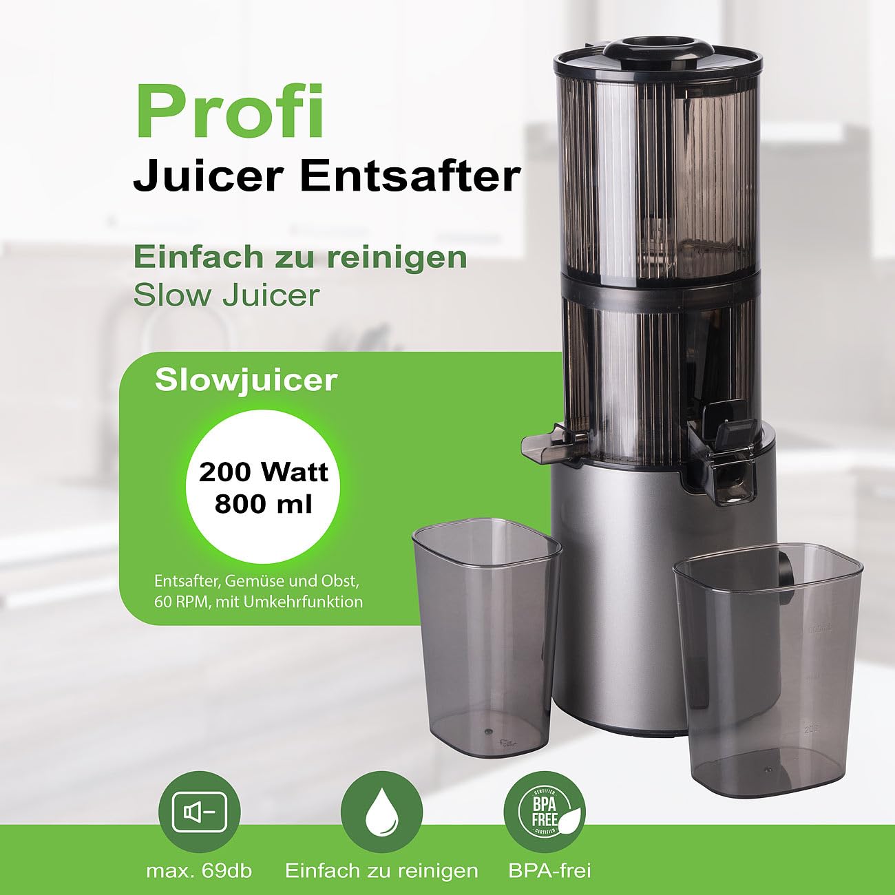 Rosenstein & Söhne Extractor de zumo lento eléctrico 200 W 800 ml con marcha atrás