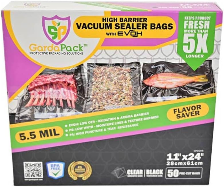 11” x 24” High-Barrier 5.5 Mil Vacuum Seal Bags – 50 Count (Clear & Black)