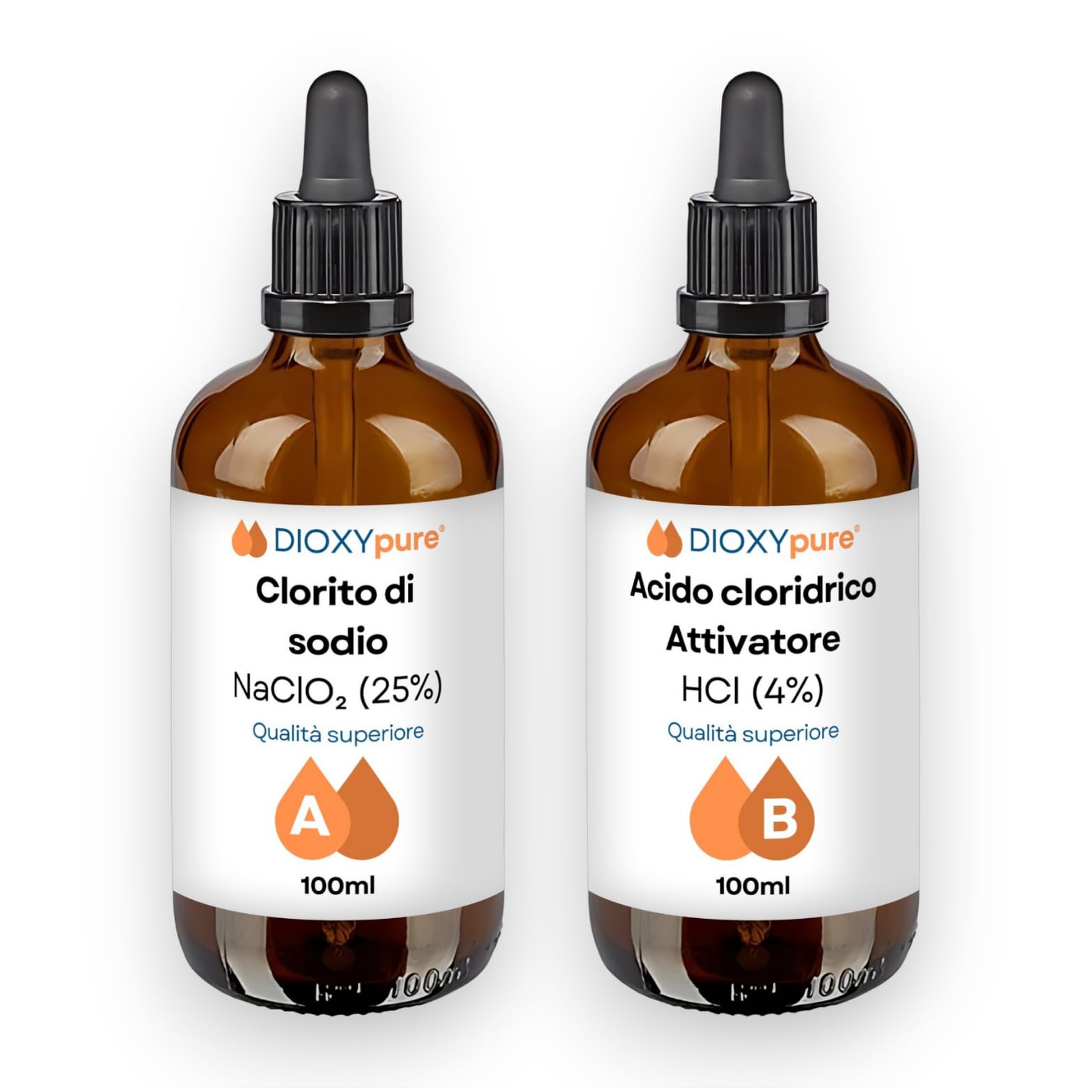 Biossido di Cloro - Kit di Produzione - 2 Flaconi Contagocce in Vetro da 100 ML - Clorito di Sodio (NaClO2) 25% e Acido Cloridrico (HCI) 4% - Disinfettante - Qualità Pura