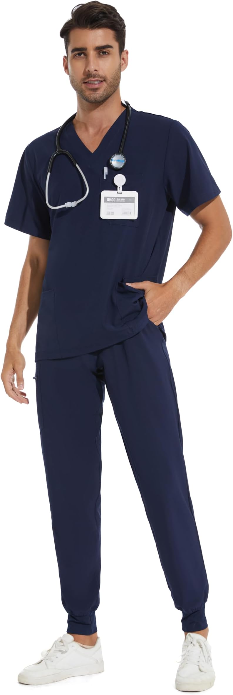 Men Scrubs Set - Stretch V-Neck Scrub Top & Jogger Pant with 8 Pockets, Yoga Waistband, Anti-Wrinkle Scrubs for Men