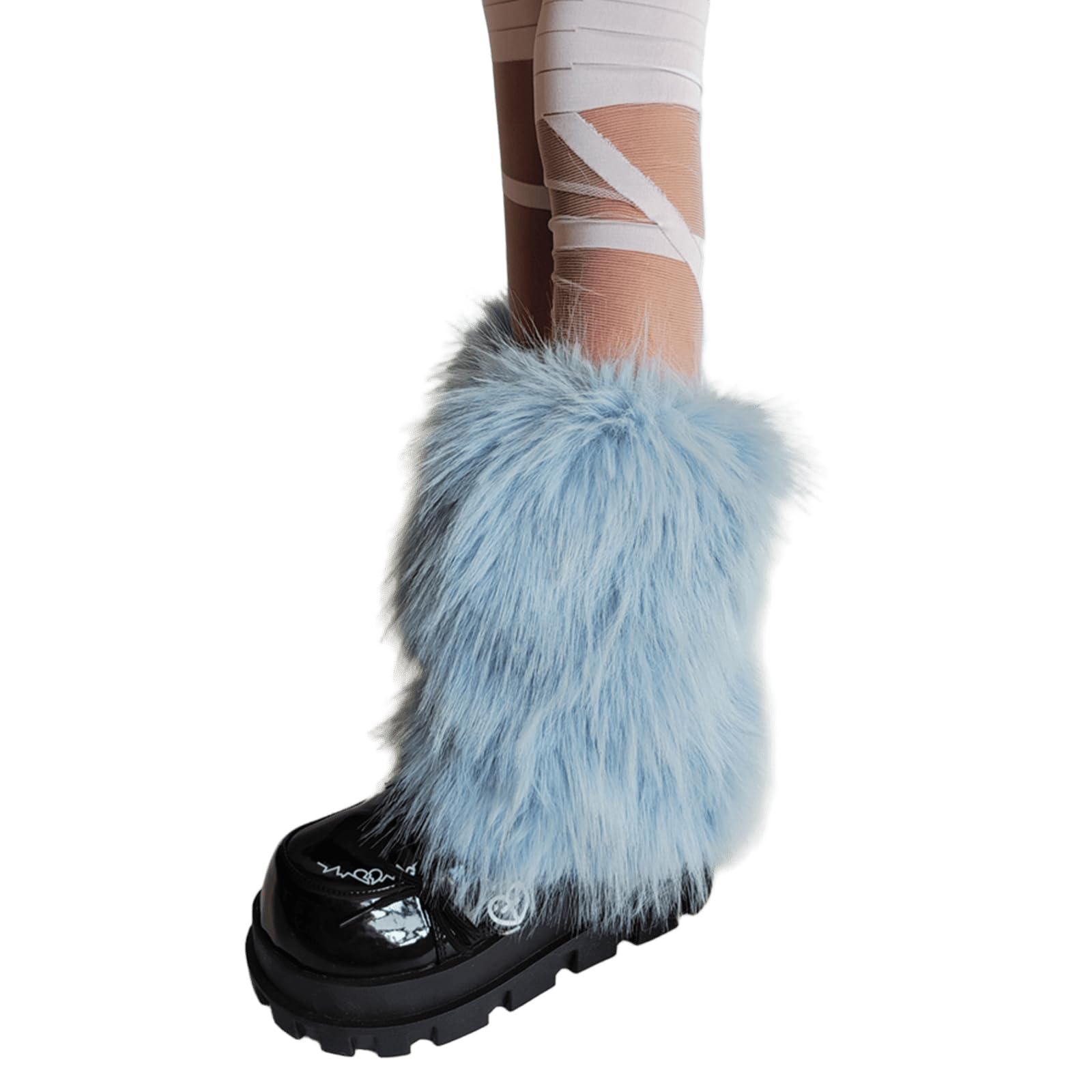 oringnat Plush Furry Leg Warmers for Women Cozy Winter Boot Toppers Thermal Warm Blue Fuzzy Foot Covers Footless Socks Gaiters