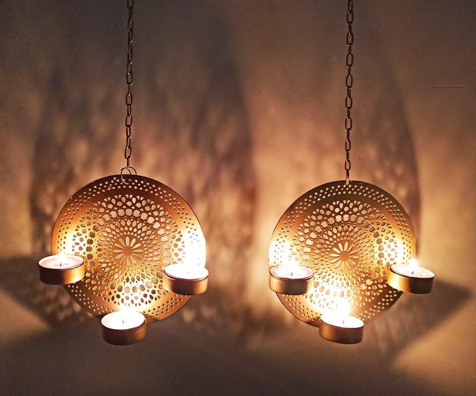 Image of The Purple Tree Chandrama Diya Hanging Metal Tealight Candle Holders (Pack of 2) Diyas for Home Decor, Diwali Decorative Candle Holder, Candle Holder, Gifts for Housewarming, Candle Diya Holder