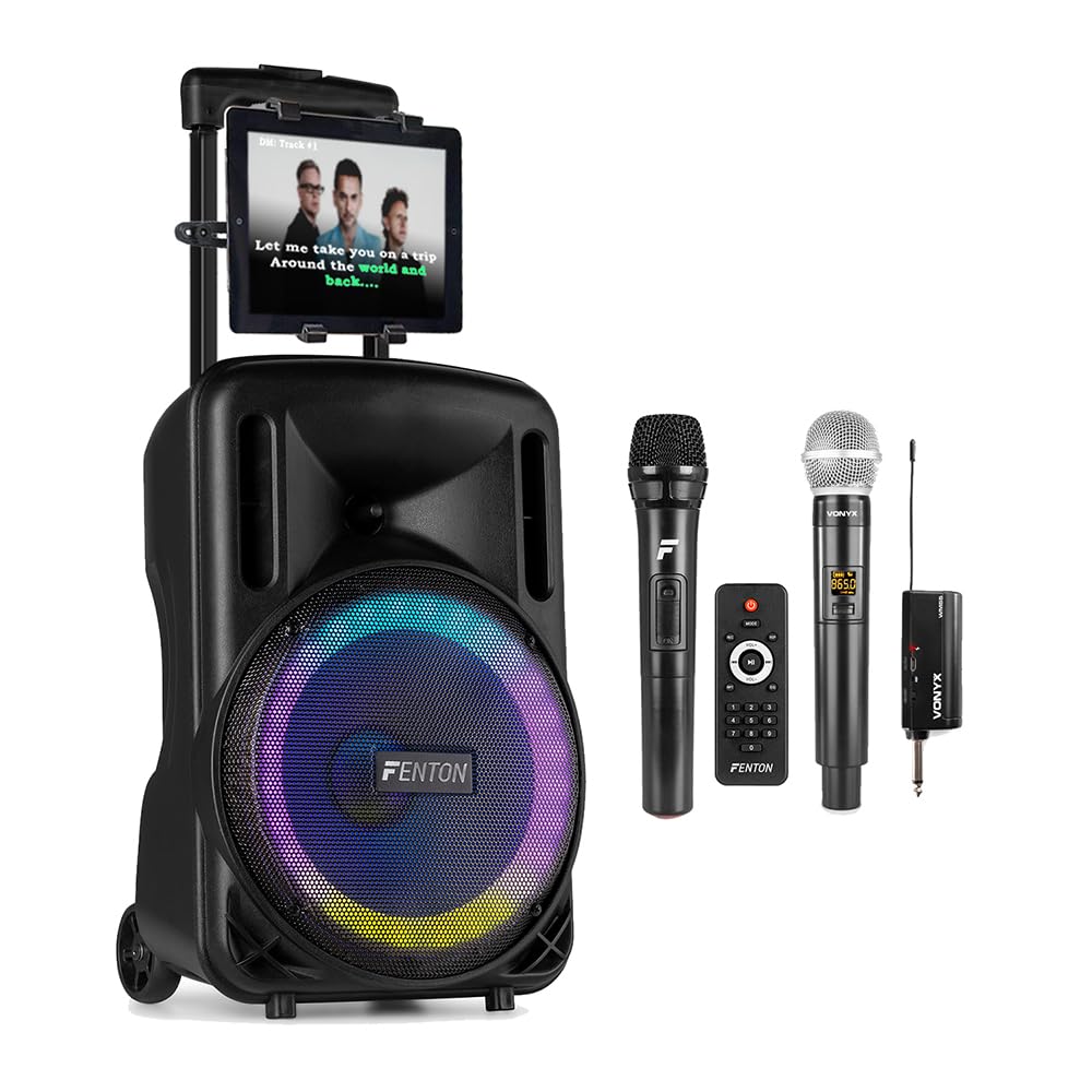 Fenton FT10LED MK2 10" Karaoke Speaker System with Dual Wireless Microphones, Bluetooth, Tablet Holder & LED Party Lights – Portable Karaoke Machine for Adults & Families, Rechargeable, 450W