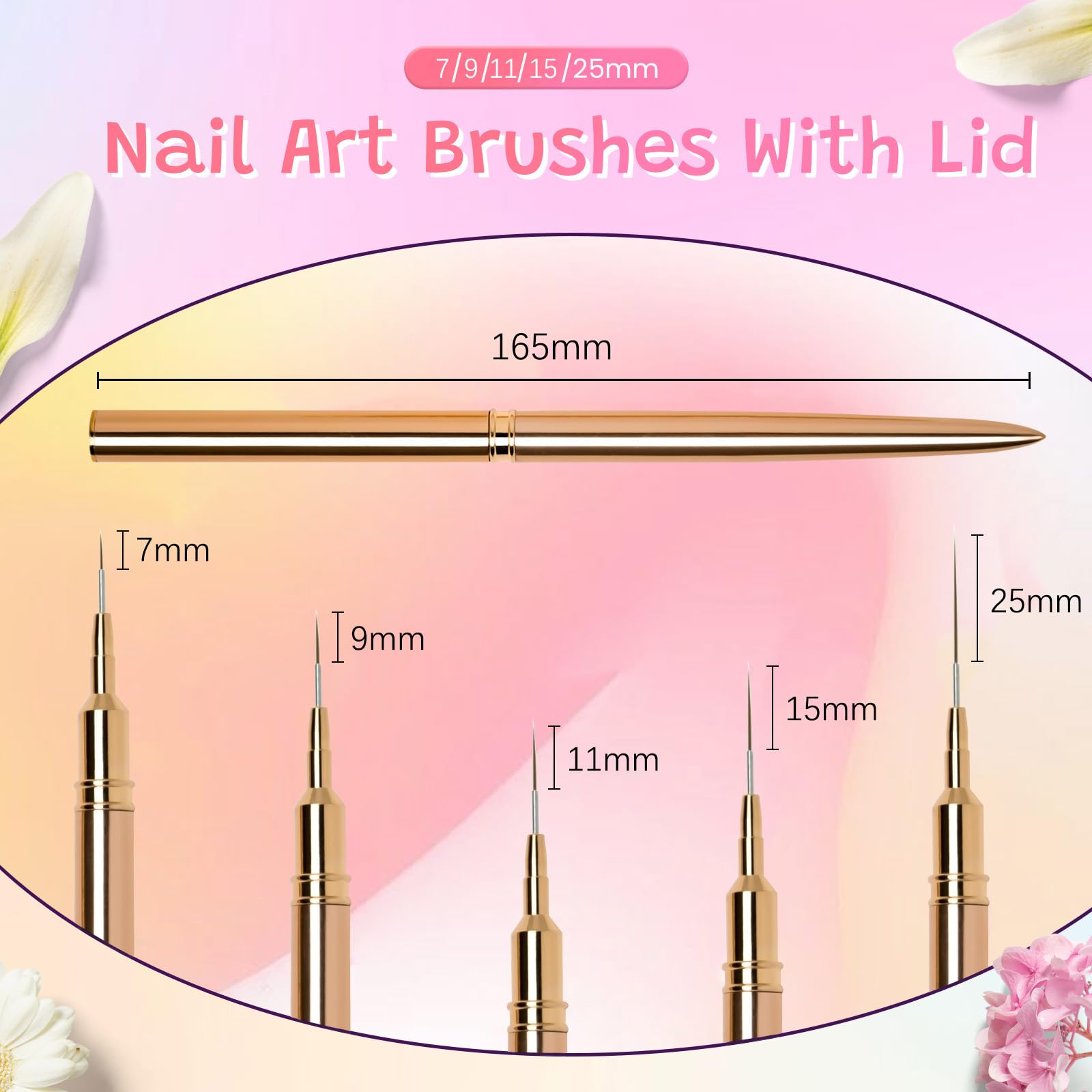 5PCS Nail Art Liner Brushes Long Set including Lid 7/9/11/15/25mm - Image 2