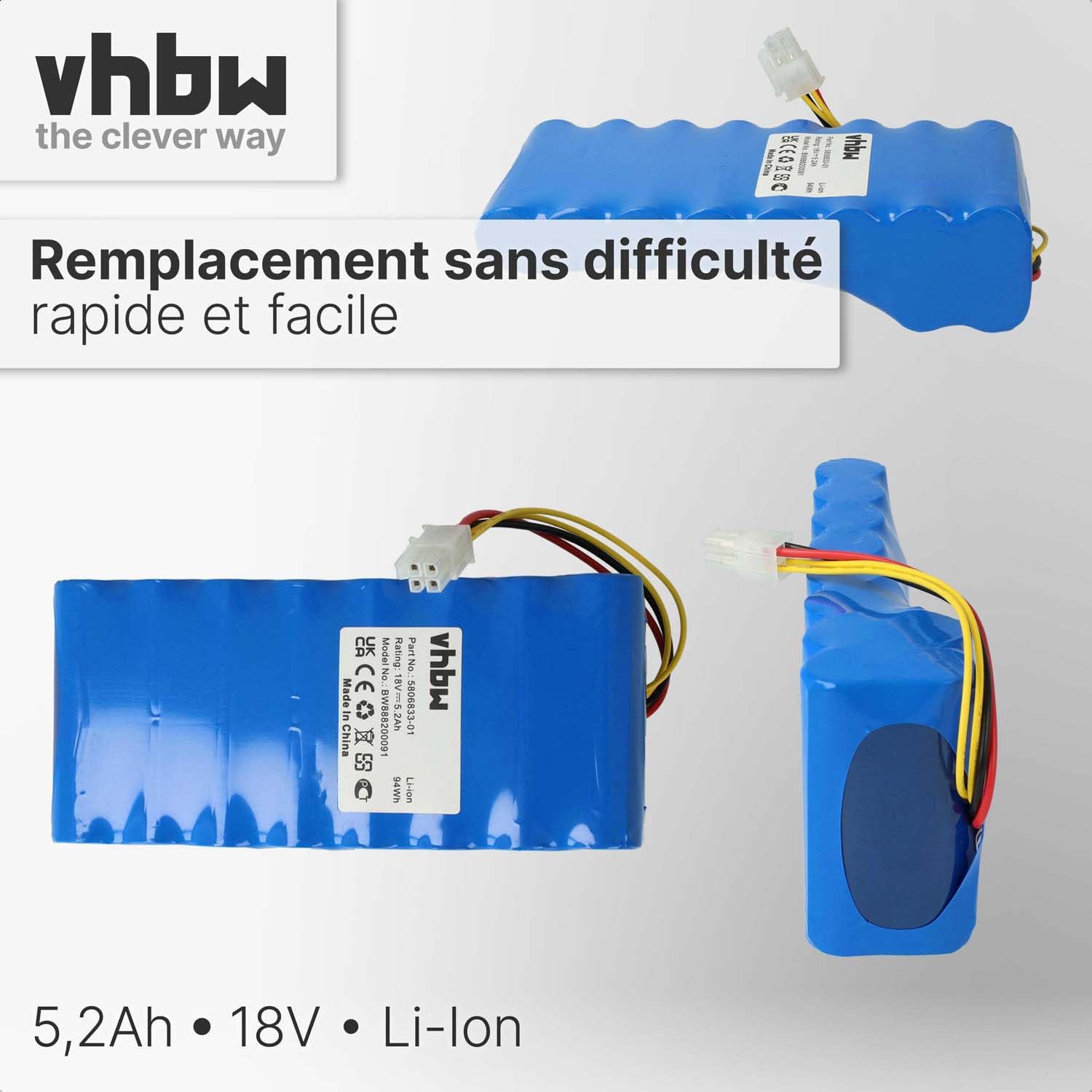 vhbw Bloc de Batteries Compatible avec Husqvarna Automower 550 (Jusque 2019/2020), 520 (Jusque 2019/2020) Robot Tondeuse (5200mAh, 18V, Li-ION)