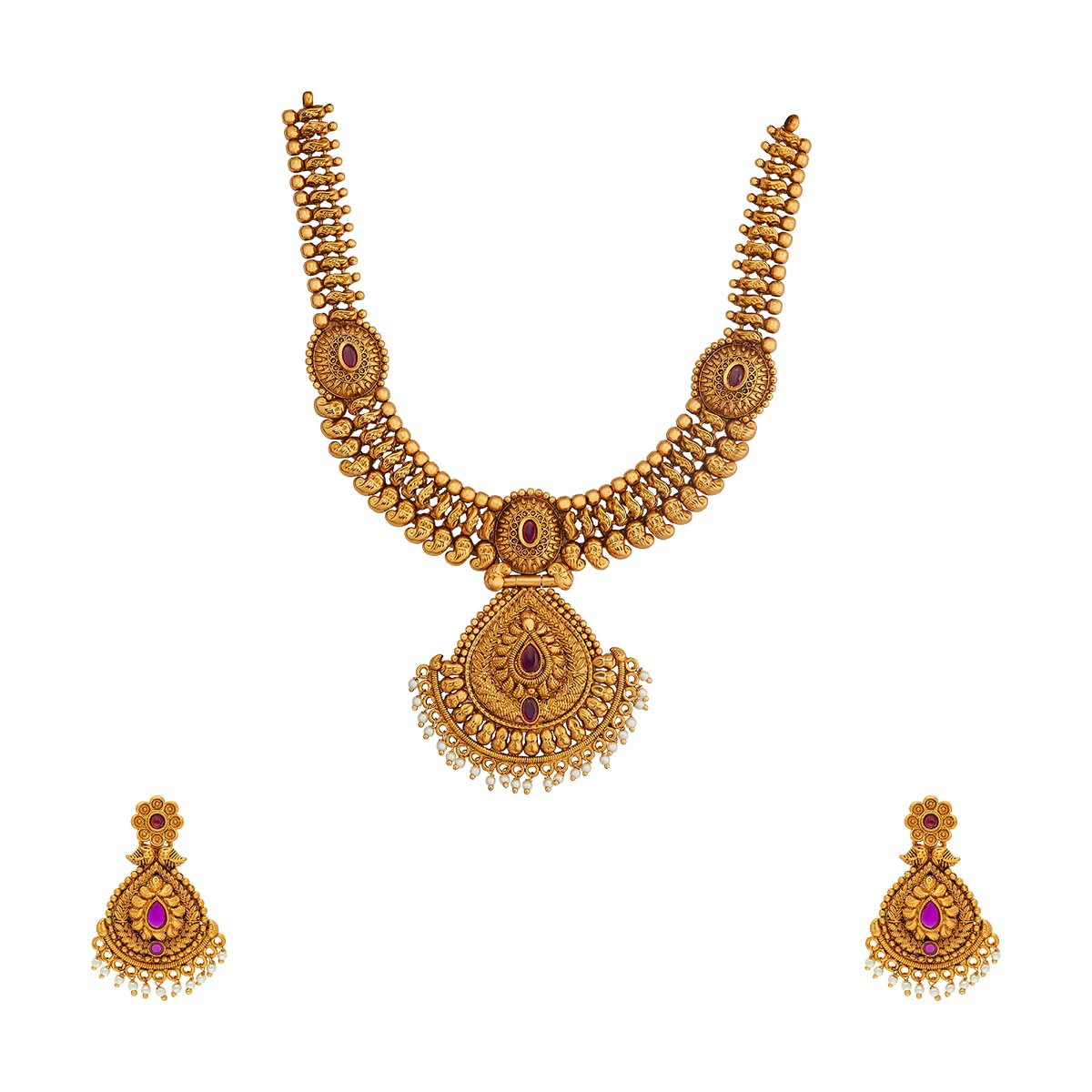 Fashion Jewellery ruby gold polished copper antique necklace with hanging earrings and adjustable thread, Best for bridesmaid & Special Occasion - 457420-image-26