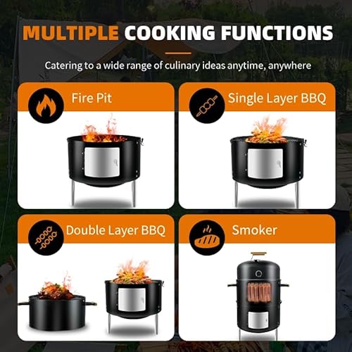 Joyagrill 17-1/2 Inch BBQ Smoker Grill with Cover Built-in Thermometer, Air Vent and Access Doors, Two Layers Multi-functional Meat Smoker Grill with 3 Bamboo Handles, Ideal for Parties, Camping BBQ