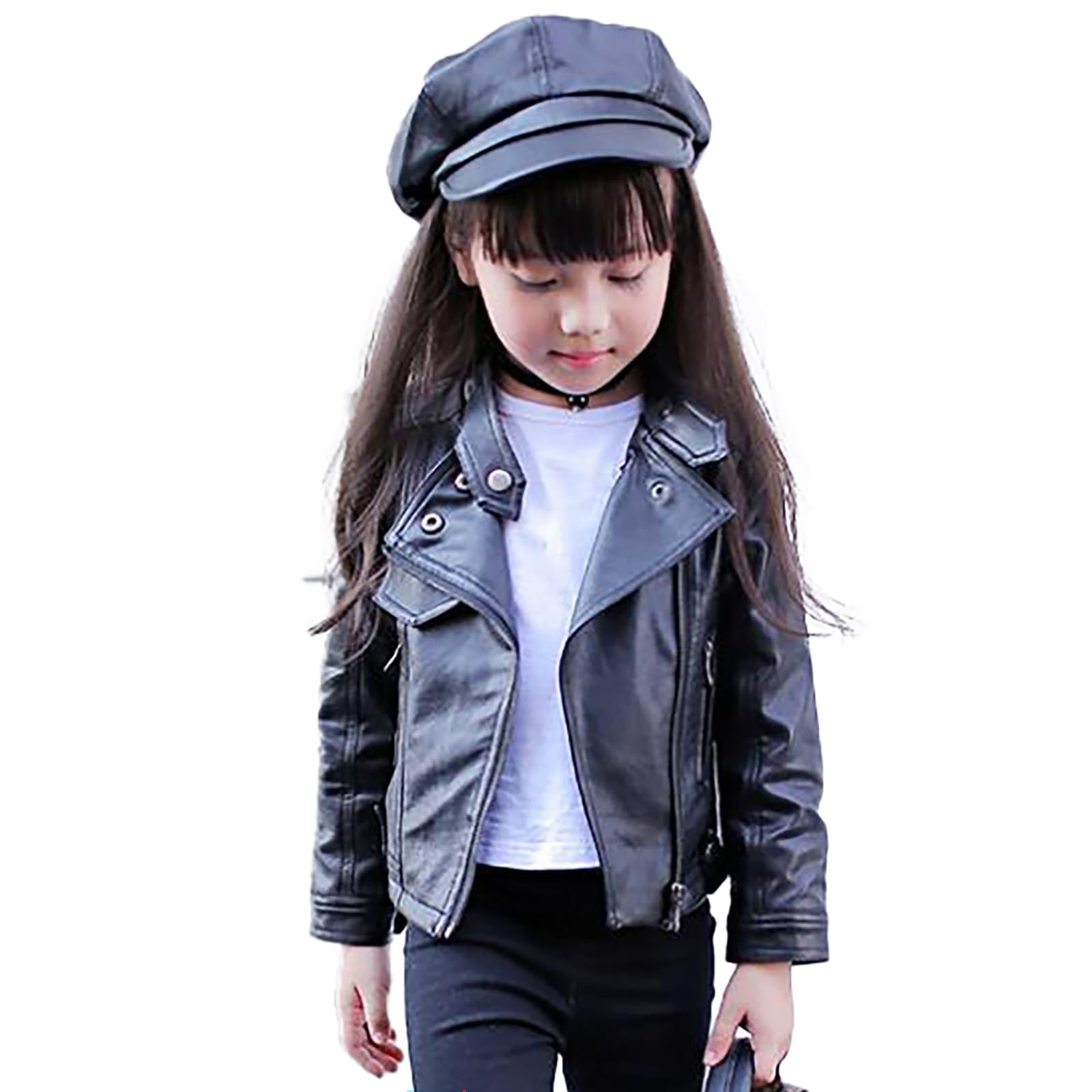 Chaqueta elegante de piel sintética para niñas, corta, suave y cómoda, bolsillos y botón de presión, ideal para diario y todas las estaciones, adolescentes y niñas.