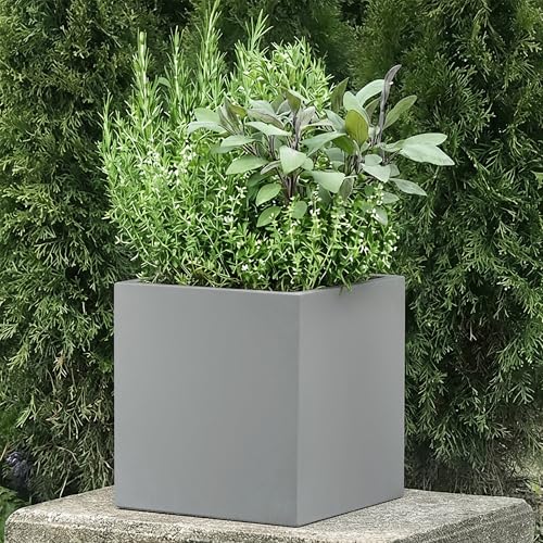 IDEALIST 30cm Square Planter for Garden | Grey Reinforced Stone Flower Pot with Drainage Holes L30 W30 H30 cm, 27 litres