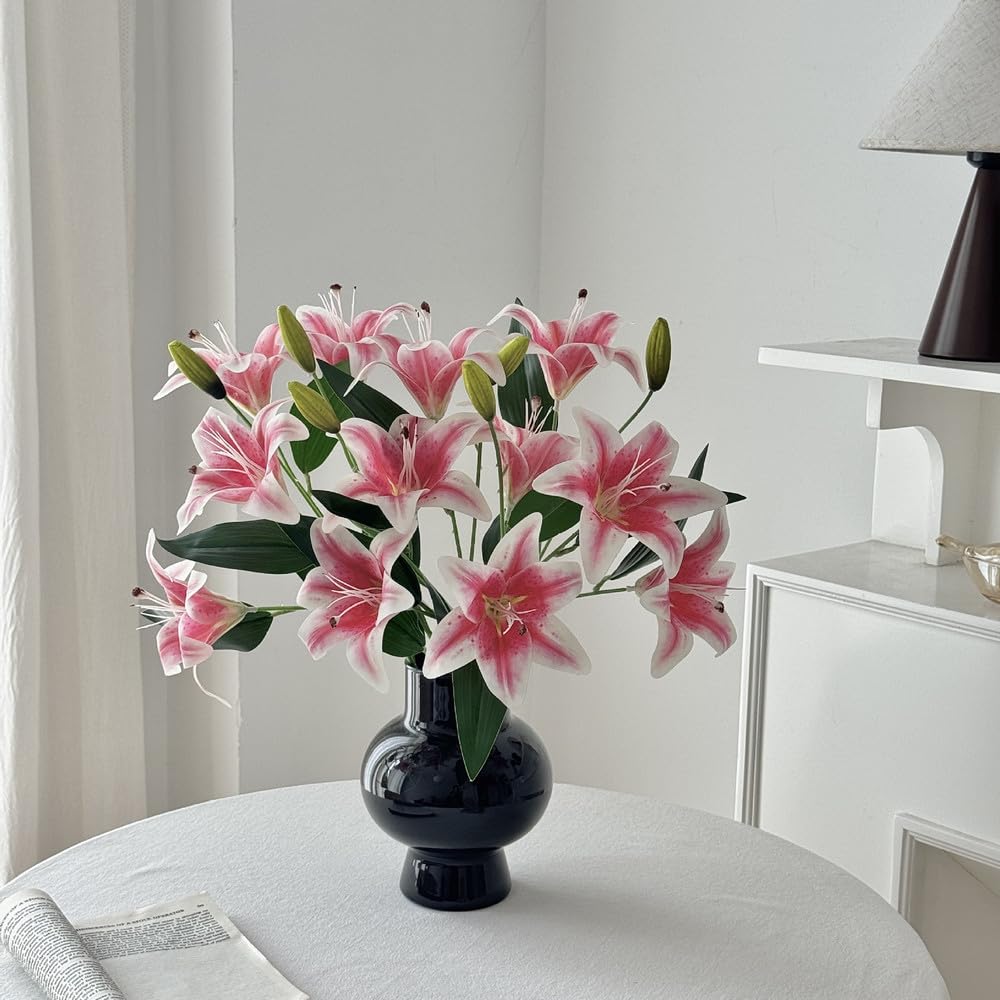 LIJUCAI 5 Pcs Artificial Flowers Silk Lily Rose Faux Floral Arrangements Lifelike Fake Flower Stems Bulk for Home Table Centerpieces Wedding Party Decor Indoor,C1