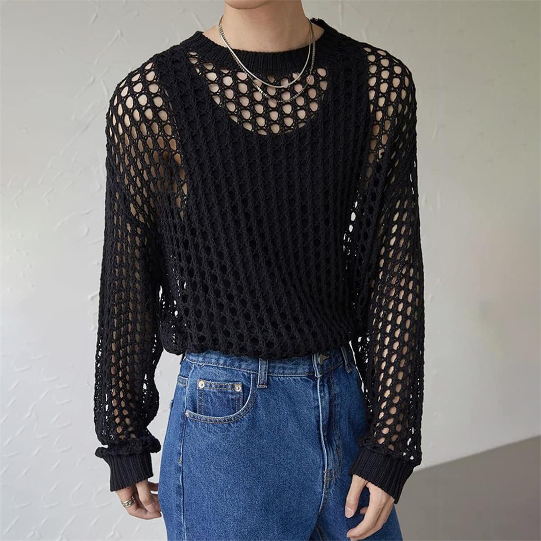 Men's Vintage Loose Smock Tops Summer Casual Geometic Hollow Out Outfits See-Though Knit Shirts