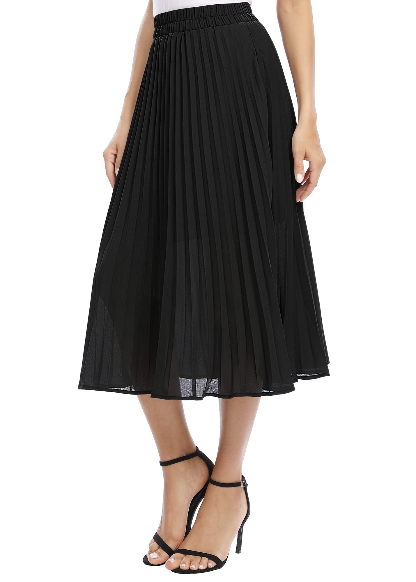 EXCHIC Donna Casuale Chiffon Elastico Vita Linea A Pieghettato Midi Gonna con Tasca