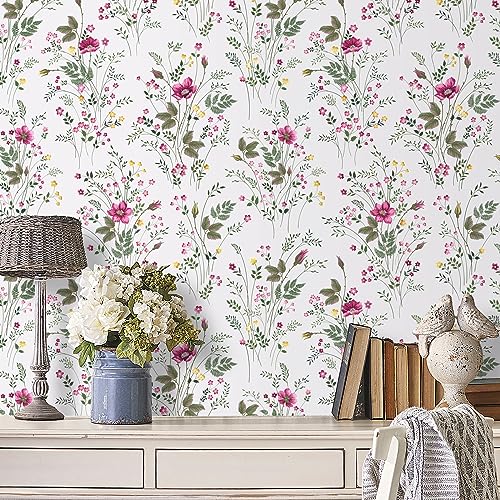 VaryPaper Pink Floral Wallpaper Peel and Stick Tropical Leaf Contact Paper 44.5cmx200cm White Sticky Back Plastic Flower Prints Lining Paper for Wall Art Deco Wallpaper for Living Room Bedroom - Image 4