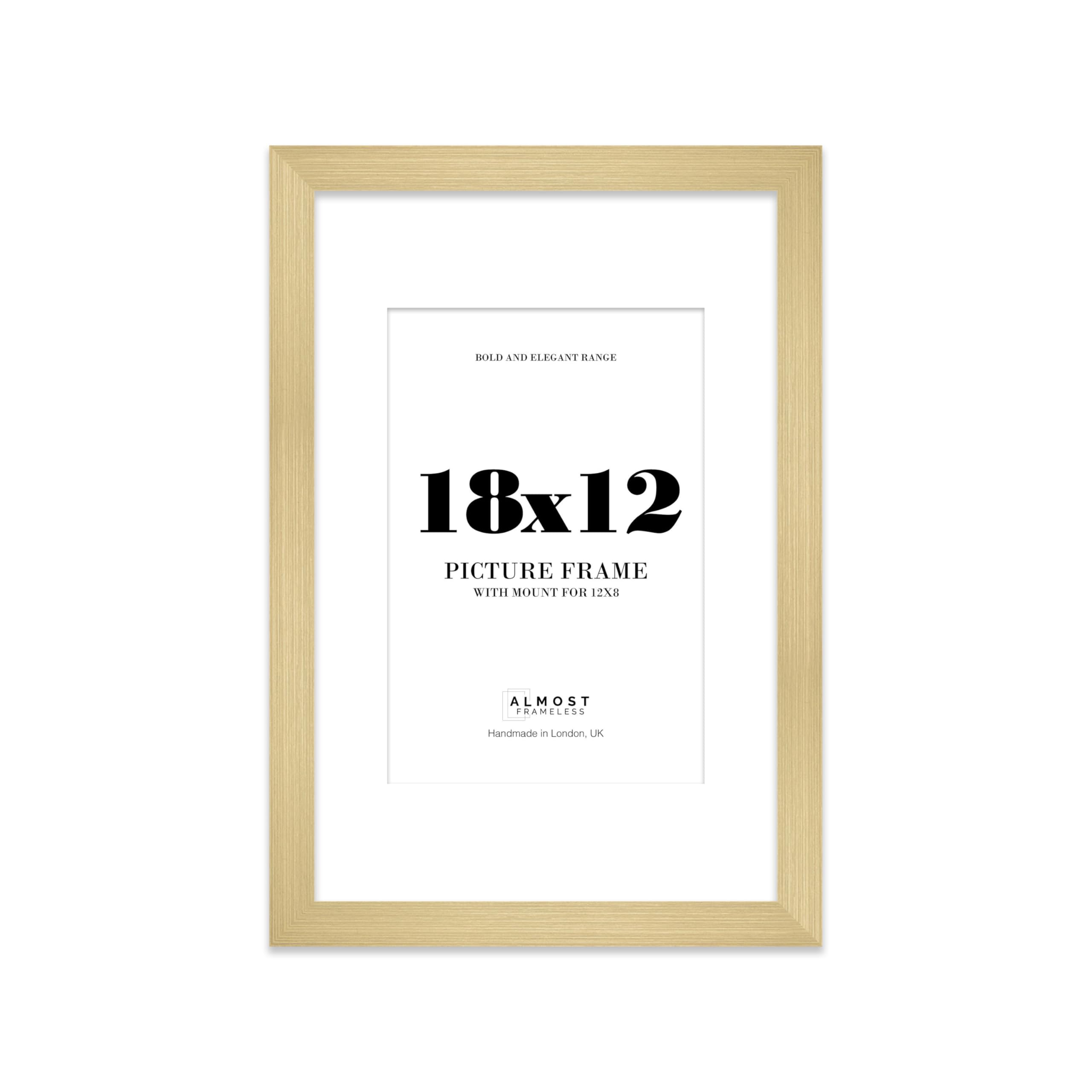 18x12 Gold Frame With Mount for 12x8 Pictures 28mm Edge Portrait and Landscape Display with Wall Hooks, 1 Pack