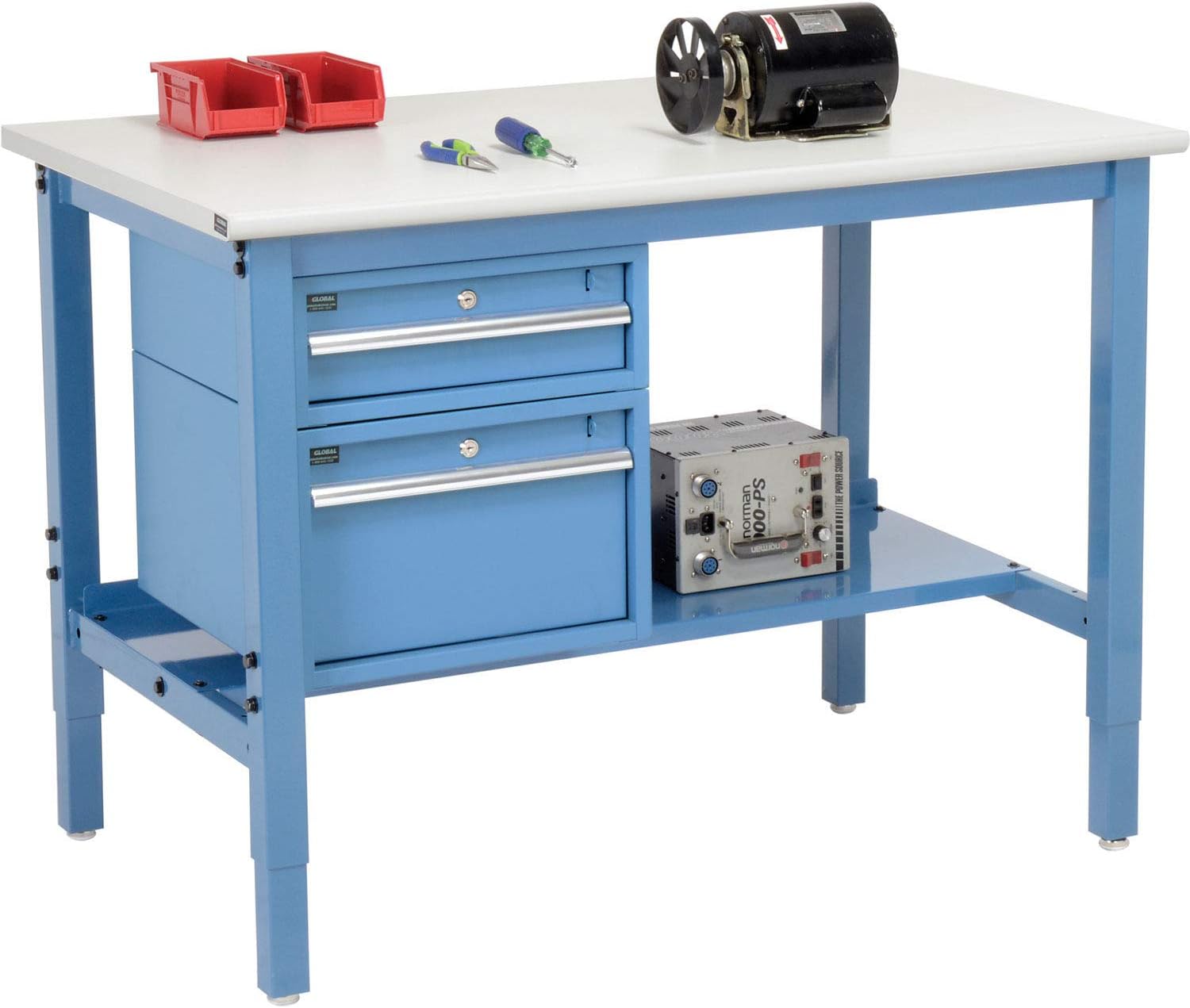 Global Industrial 48" W x 36" D Workbench, 1-1/4" Thick ESD Laminate Safety Edge with Drawers & Shelf, Blue