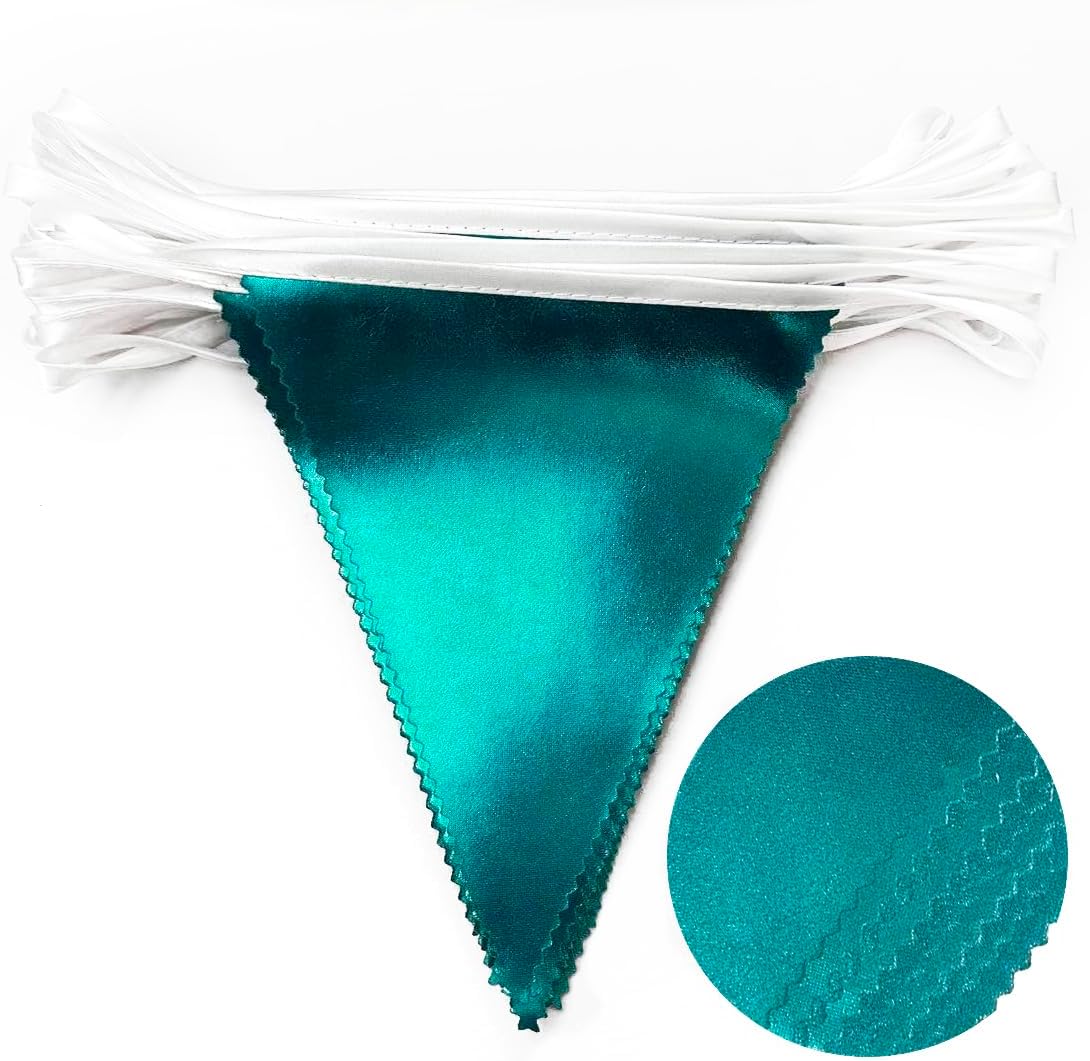 Teal Aqua Blue Triangle Pennant Banner Turquoise Metallic Fabric Flag Bunting Garland for Birthday Bridal Shower Graduation Wedding Holiday Retirement Under The Sea Mermaid Party Decorations Supplies