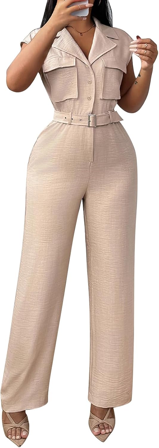 Jumpsuits for Women One Piece Wide Leg Jumpsuits Casual Short Sleeve Rompers Apricot Large