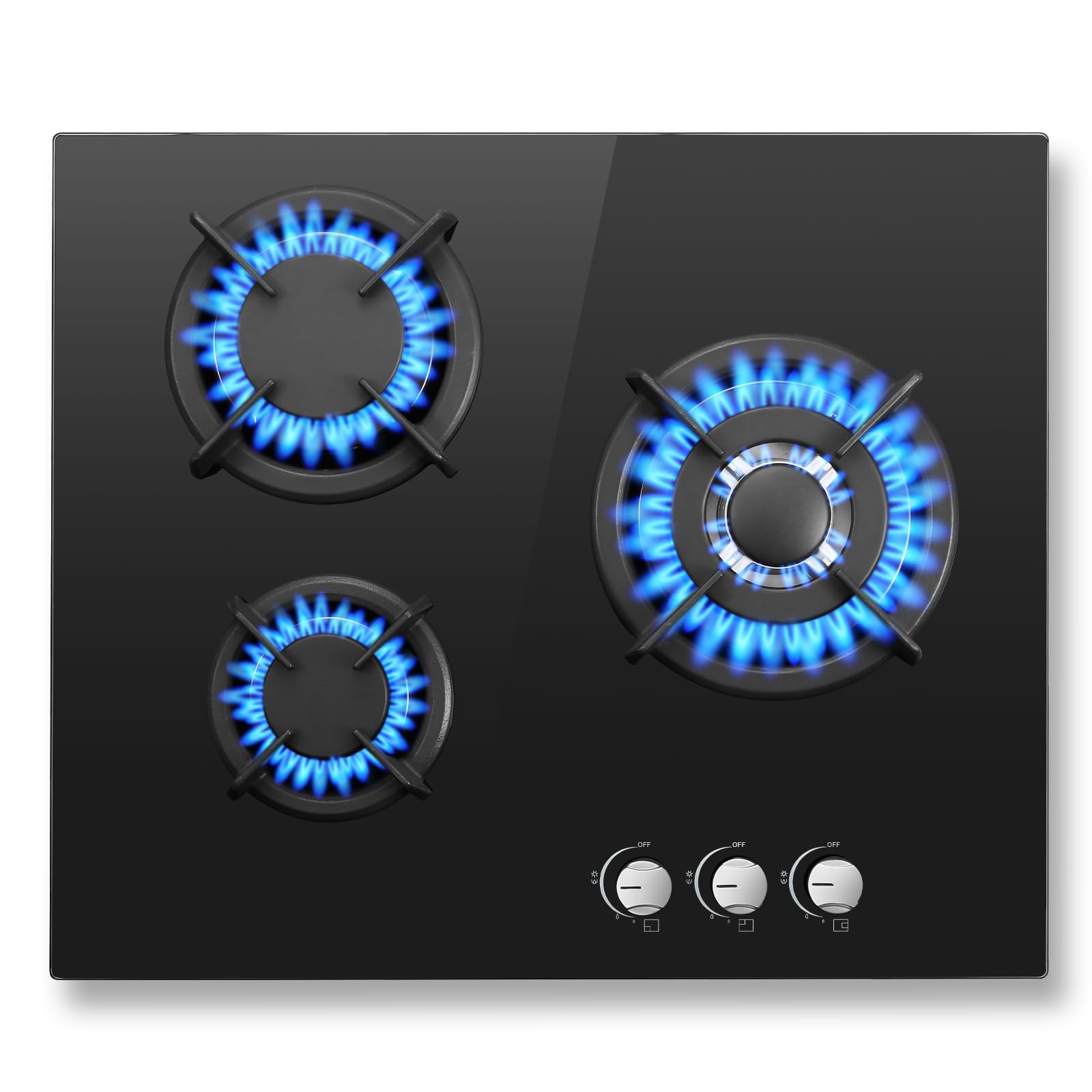SNDOAS Piano Cottura Gas, Piano Cottura 3 Fuochi Gas Vetro con Protezione Automatica Della Fiamma, Gas Naturale e Gas Propano, Incorporato, Nero, 6180 W, 220-240 V