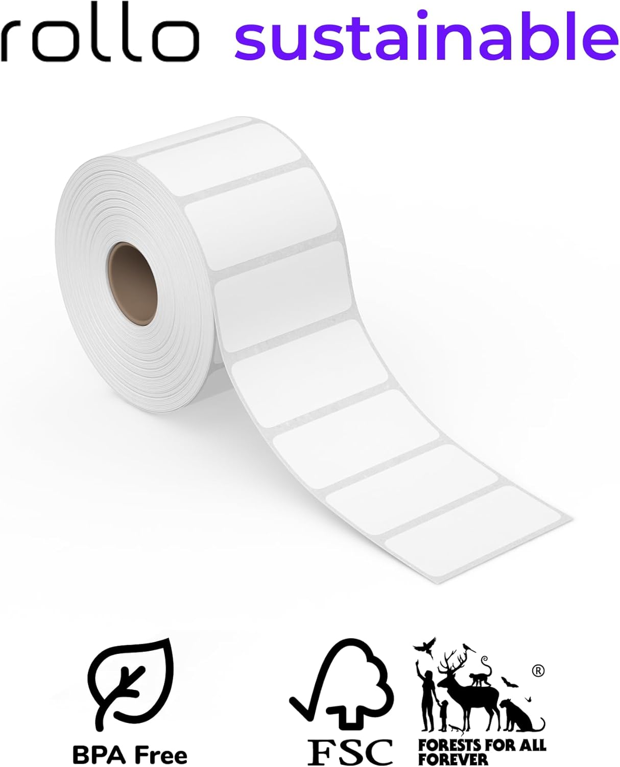 A roll of Rollo sustainable labels, indicating BPA-Free, FSC certified, and Forests for All Forever certifications.