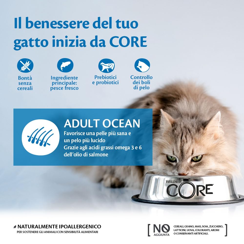 Wellness CORE Ocean 4 kg, Salmone/Tonno – Crocchette per Gatti Adulti, Senza cereali, Naturale, Ipoallergenico, Ricco di Proteine, Alto Contenuto di Pesce, Pelle Sana & Pelo Lucido