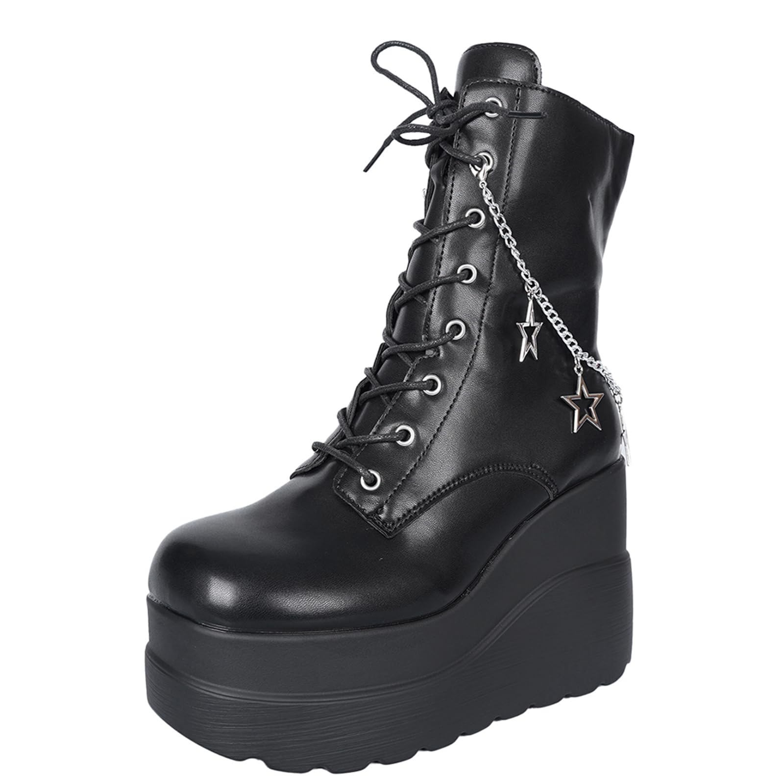 Womems Gothic Combat Ankle Boots Lace Up Side Zipper Platform Chunky Wedge Booties Chain Buckle Punk Motorcycle Boots