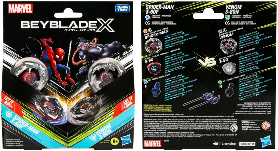 Beyblade X, Marvel Collab, Spider-Man 3-60F vs. Venom 3-80N Multipack - 2 Top & 2 Launchers Toy Set - Ages 8 & Up