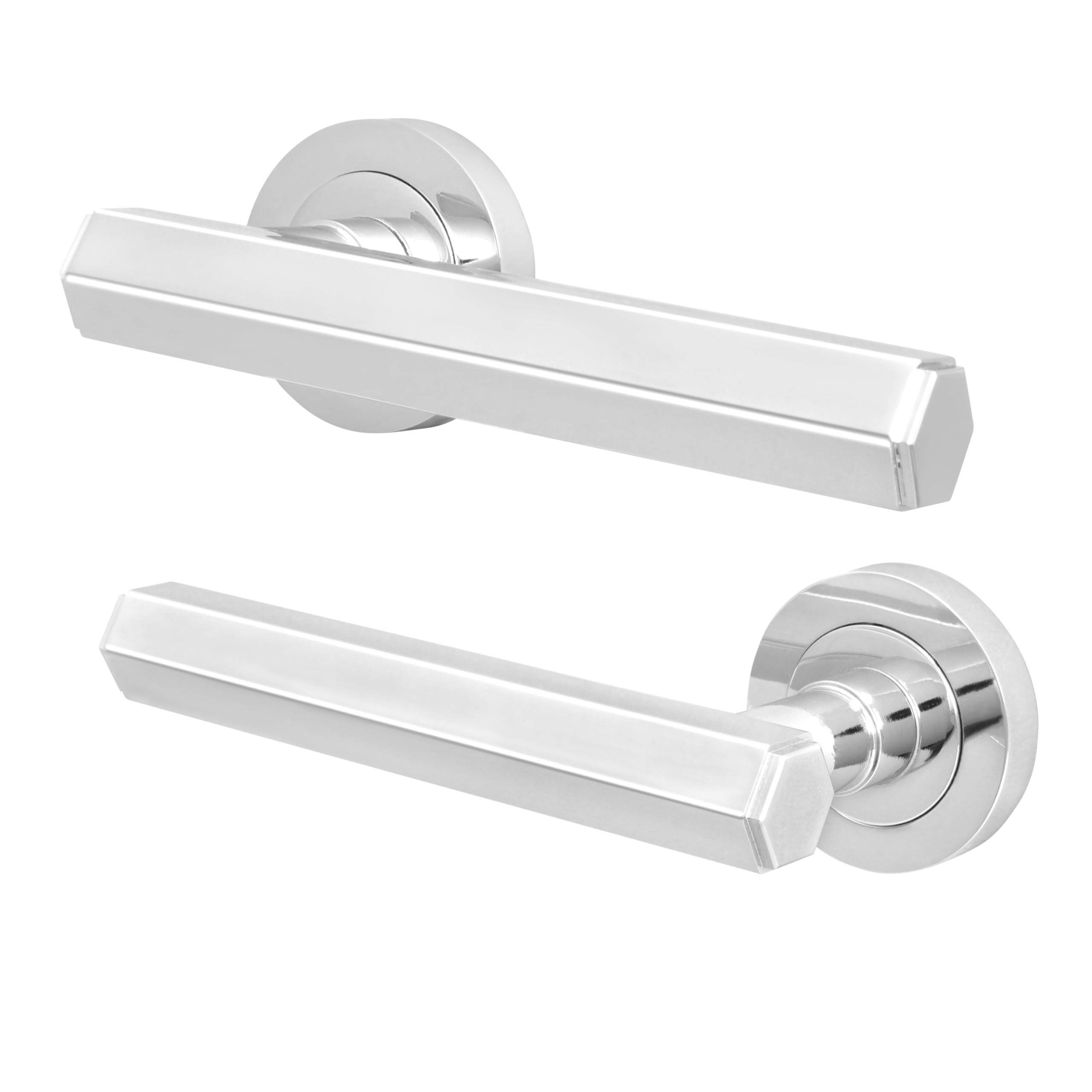 EAI Chrome Fire Door Handle, Polished Chrome Internal Lever on Rose Fire Rated Door Handle, Madre Range 1 Pair